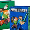 imageHallmark Minecraft Gift Bag Bundle 2 Bags 13quot Large Blue Bag 15quot Extra Large Green for Birthdays Christmas Valentines Day Halloween Kids PartiesBlue  Green  Alex  Steve  Pig  Sheep