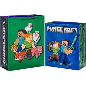 imageHallmark Minecraft Gift Bag Bundle 2 Bags 13quot Large Blue Bag 15quot Extra Large Green for Birthdays Christmas Valentines Day Halloween Kids PartiesBlue  Green  Alex  Steve  Pig  Sheep