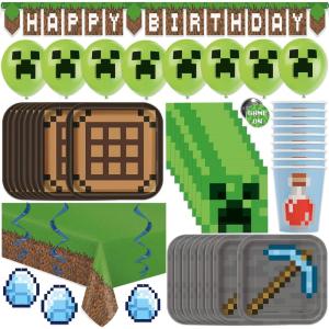 imageMega Minecraft Party Supplies and Decorations Set Minecraft Birthday Party Supplies Serves 16 Guests Includes Plates Banner Table Cover Balloons and More