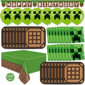 imageMinecraft Birthday Decorations  Serves 16  Party Supplies Minecraft Balloons Birthday Banner Plates Tablecover Napkins Stickers