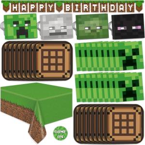imageMinecraft Birthday Decorations  Serves 16  Party Supplies with Minecraft Masks Banner Plates Tablecover Napkins Stickers