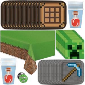 imageMinecraft Party Supplies  Minecraft Birthday Party Supplies  Serves 16 Guests  With Table Cover Plates Napkins Cups and Button