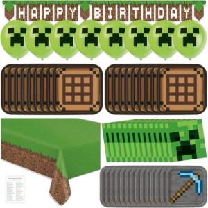 imageUnique Minecraft Birthday Decorations  Bundle with Plates Napkins Tablecloth Banner Balloons Checklist  Party for 16