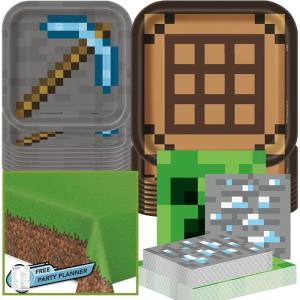 imageUnique Minecraft Party Table Decorations Dinnerware Bundle  Officially Licensed Dinner and Dessert Paper Plates Luncheon and Beverage Paper Napkins and Table Cover
