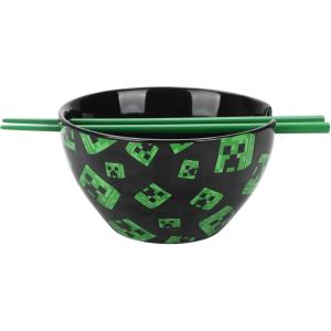 imageBioworld Minecraft Creeper Faces 20 Oz Black Ceramic Ramen Bowl With Plastic Chopsticks