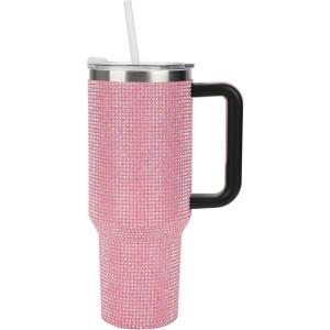 imageBioworld Minecraft Creeper ampamp TNT 40 Oz Black Stainless Steel Tumbler With HandleRhinestone Pink