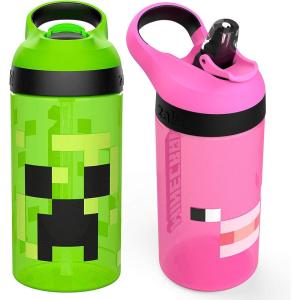 imageZak Designs Minecraft Kids Water Bottle with Straw and Built in Carrying Loop Set Made of Plastic LeakProof Water Bottle Designs CreeperPig 16 oz 2pc SetCreeperPig