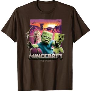 imageA Minecraft Movie Skeleton Zombie ampamp Creeper Group Portrait TShirtBrown