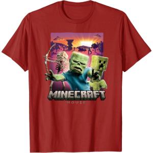 imageA Minecraft Movie Skeleton Zombie ampamp Creeper Group Portrait TShirtCranberry Red