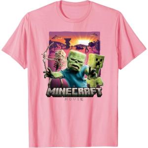 imageA Minecraft Movie Skeleton Zombie ampamp Creeper Group Portrait TShirtPink
