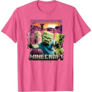 imageA Minecraft Movie Skeleton Zombie ampamp Creeper Group Portrait TShirtPink Heather
