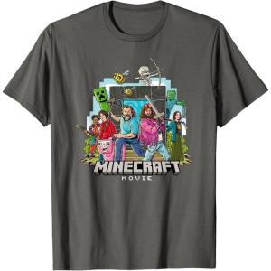 imageA Minecraft Movie Main Characters Group Shot Cartoon Style TShirtAsphalt Grey