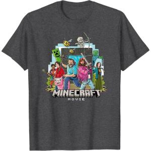 imageA Minecraft Movie Main Characters Group Shot Cartoon Style TShirtDark Heather Grey