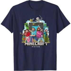 imageA Minecraft Movie Main Characters Group Shot Cartoon Style TShirtNavy Blue