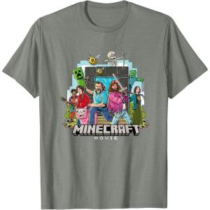 imageA Minecraft Movie Main Characters Group Shot Cartoon Style TShirtOlive Heather