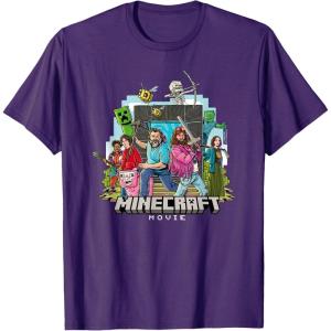 imageA Minecraft Movie Main Characters Group Shot Cartoon Style TShirtPurple