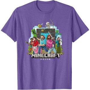 imageA Minecraft Movie Main Characters Group Shot Cartoon Style TShirtPurple Heather