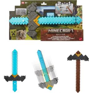 imageMattel Minecraft Sword and Pickaxe 2in1 Toy ButtonActivated Click and Switch RolePlay Accessory Inspired by A Minecraft Movie