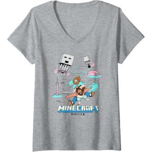 imageWomens A Minecraft Movie Steve And Garret Escape Using Elytras VNeck TShirtHeather Grey
