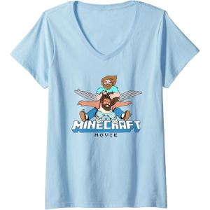 imageWomens A Minecraft Movie Steve And Garret Flying Using Elytras VNeck TShirtBaby Blue