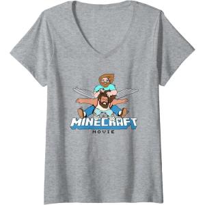 imageWomens A Minecraft Movie Steve And Garret Flying Using Elytras VNeck TShirtHeather Grey