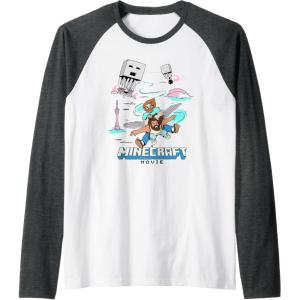 imageA Minecraft Movie Steve And Garret Escape Using Elytras Raglan Baseball TeeDark Heather GreyWhite