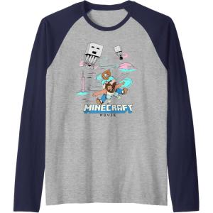 imageA Minecraft Movie Steve And Garret Escape Using Elytras Raglan Baseball TeeNavy BlueAthletic Heather