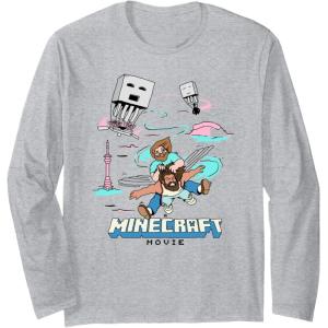imageA Minecraft Movie Steve And Garret Escape Using Elytras Long Sleeve TShirtHeather Grey