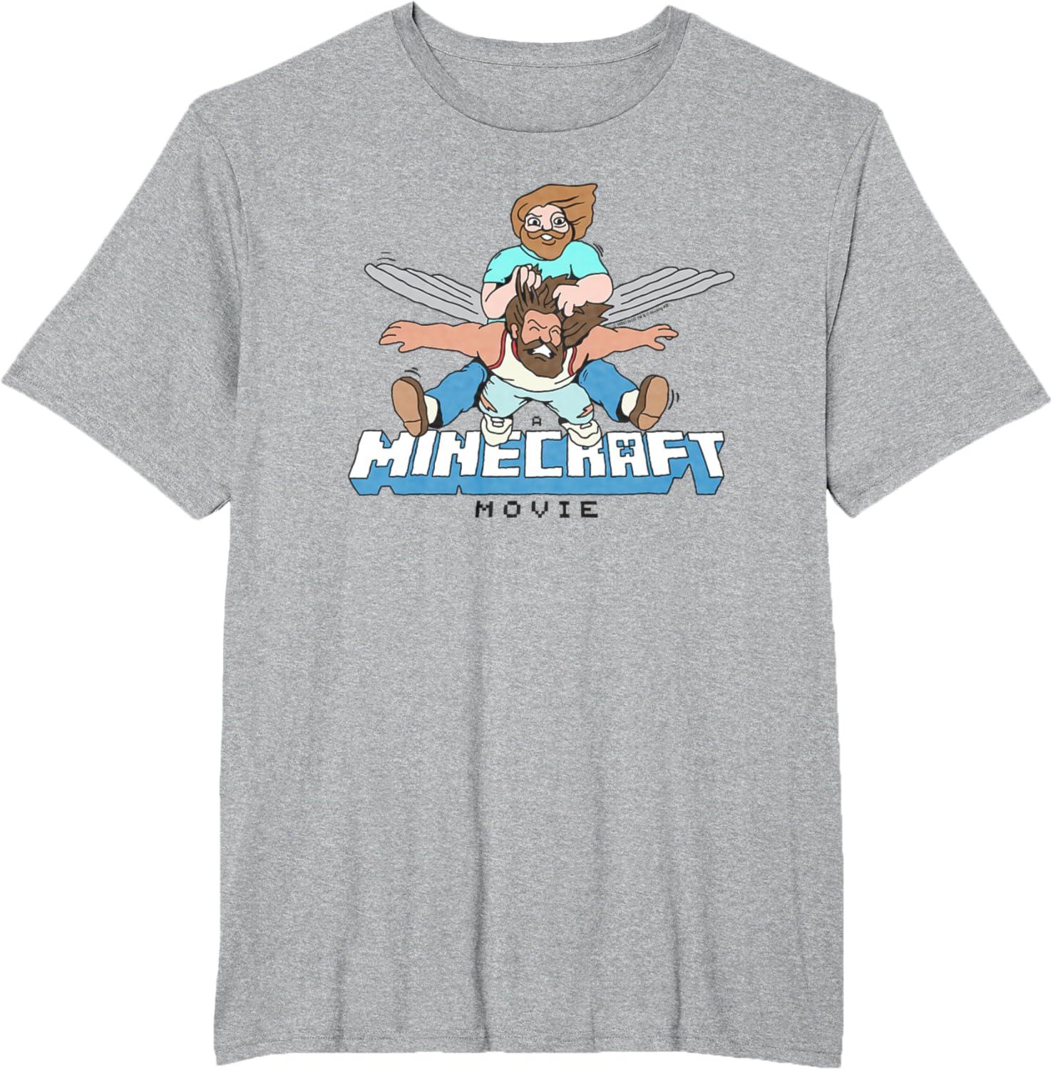 imageA Minecraft Movie Steve And Garret Flying Using Elytras TShirtHeather Grey