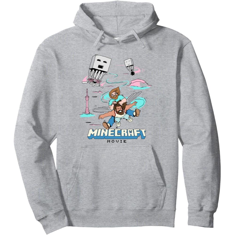 imageA Minecraft Movie Steve And Garret Escape Using Elytras Pullover HoodieHeather Grey