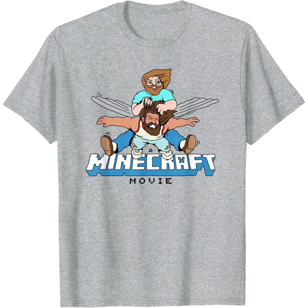 imageA Minecraft Movie Steve And Garret Flying Using Elytras TShirtHeather Grey