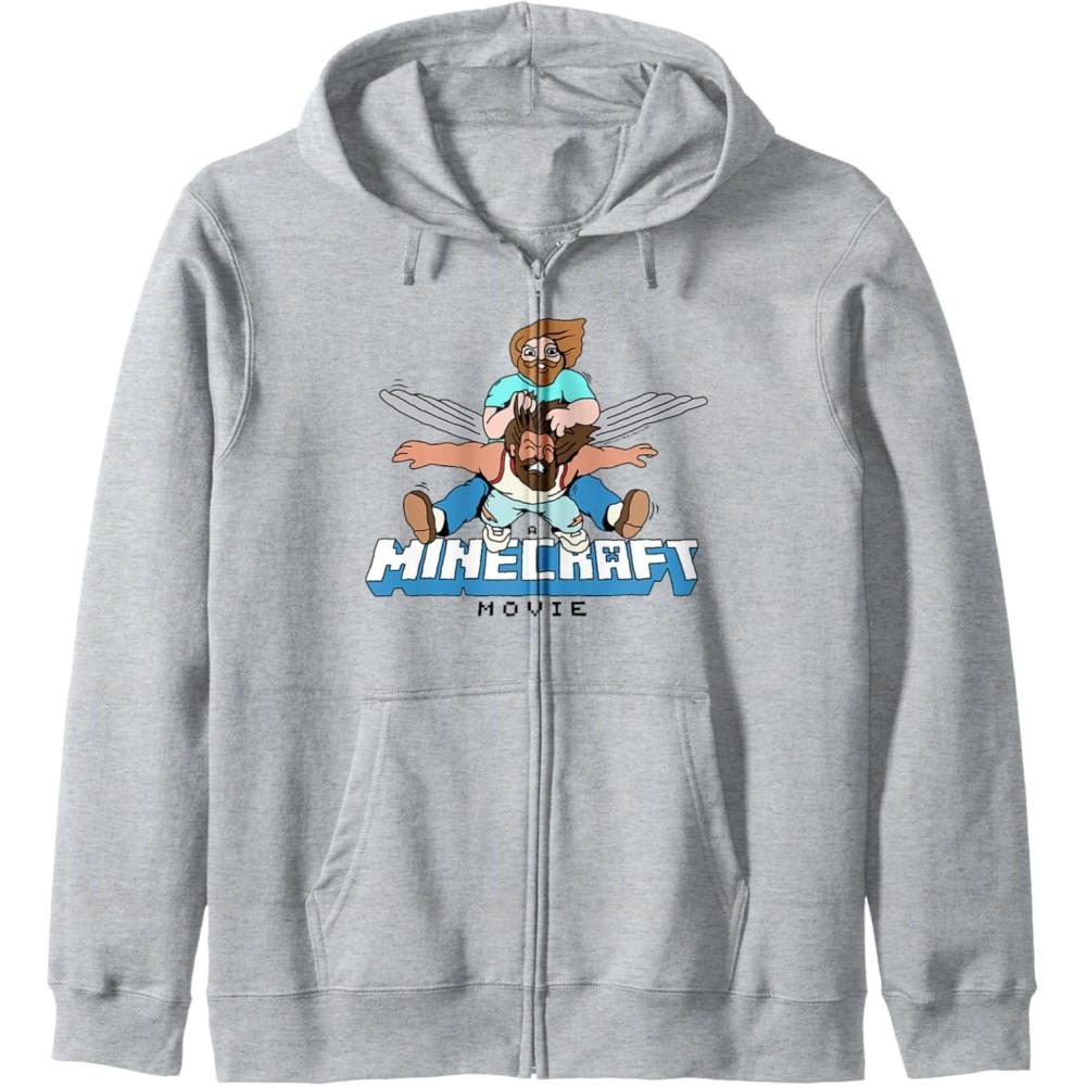 imageA Minecraft Movie Steve And Garret Flying Using Elytras Zip HoodieHeather Grey
