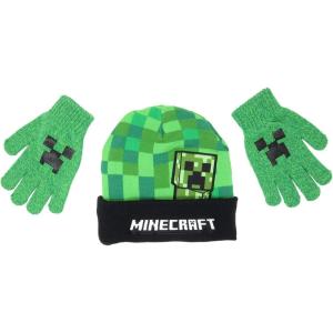 imageMinecraft Creeper Peep Kids Beanie Hat Cap and Gloves Set New Green