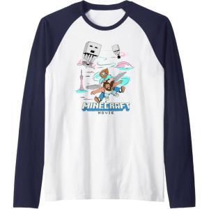 imageA Minecraft Movie Steve And Garret Escape Using Elytras Raglan Baseball TeeNavy BlueWhite