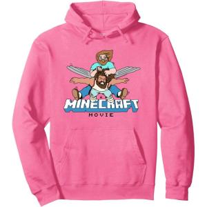 imageA Minecraft Movie Steve And Garret Flying Using Elytras Pullover HoodieBright Pink