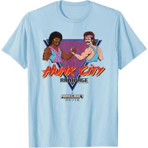 imageA Minecraft Movie Hunk City Rampage Colorful 90s Logo TShirtBaby Blue