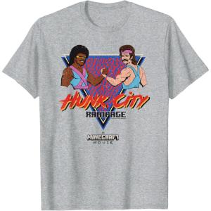 imageA Minecraft Movie Hunk City Rampage Colorful 90s Logo TShirtHeather Grey