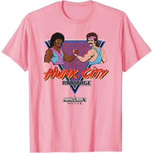imageA Minecraft Movie Hunk City Rampage Colorful 90s Logo TShirtPink