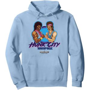 imageA Minecraft Movie Hunk City Rampage Powerful 90s Logo Pullover HoodieDusty Blue