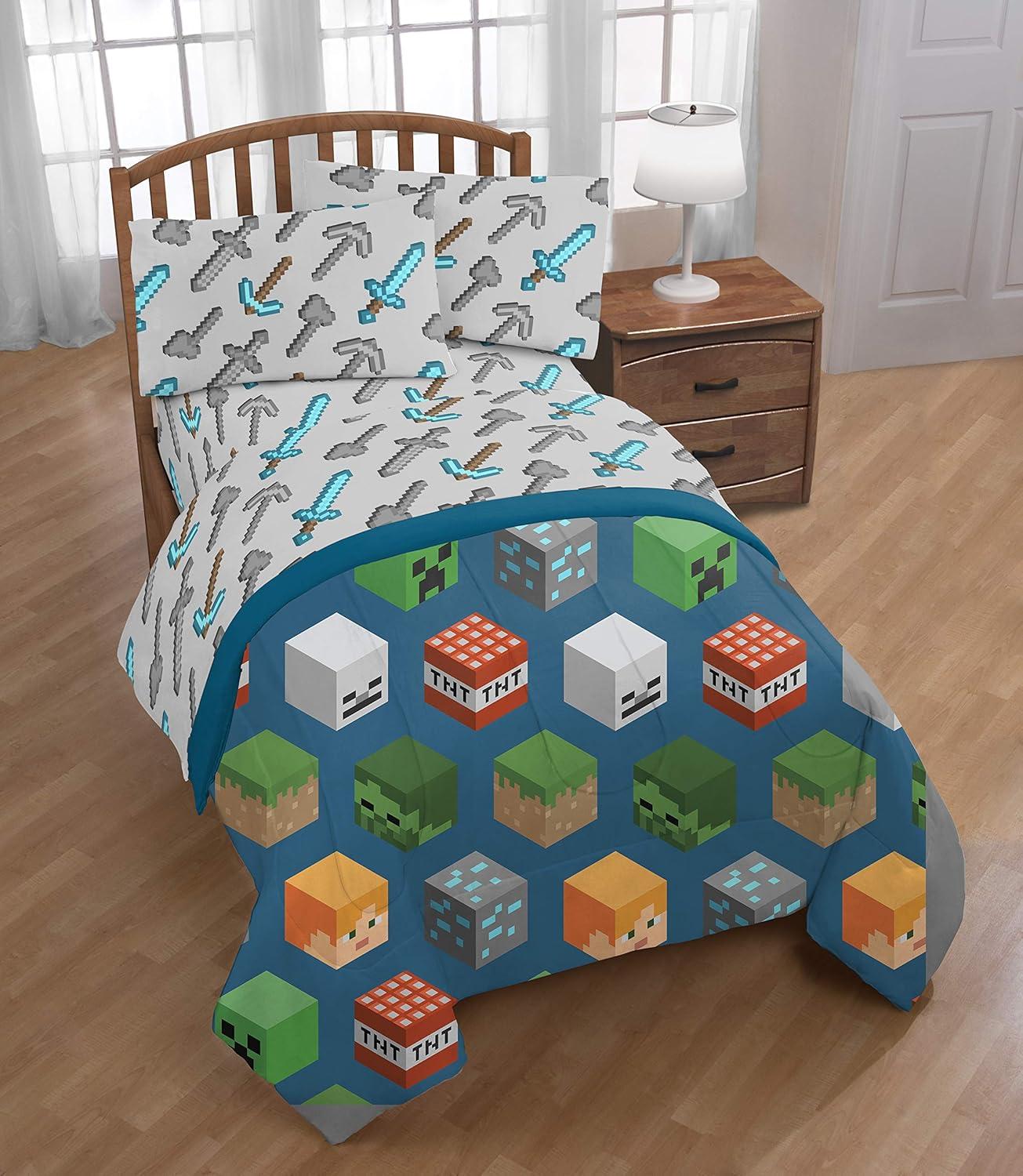 imageMarvel Avengers Blue Circle 5 Piece Full Bed Set  Includes Reversible Comforter ampamp Sheet Set  Bedding Features Captain America ampamp Iron Man  Fade Resistant Microfiber Official Marvel ProductBlue  Minecraft