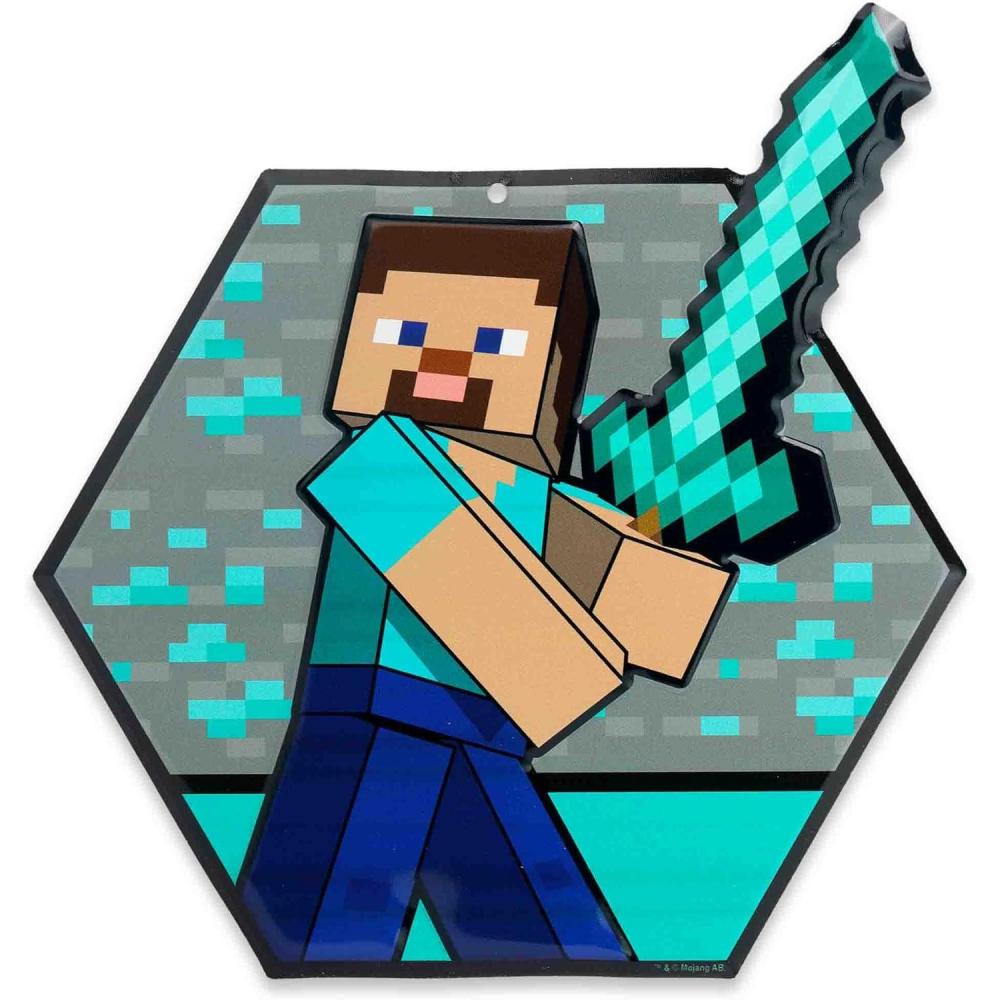 imageMinecraft Steve Embossed Metal Sign  Iconic Steve Diamond Sword Wall Decor for Bedroom or Game RoomAquaGray