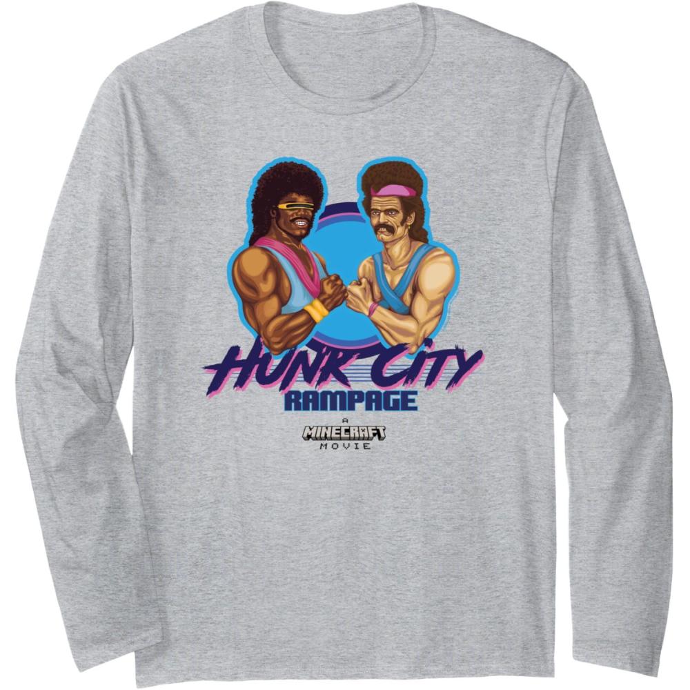 imageA Minecraft Movie Hunk City Rampage Powerful 90s Logo Long Sleeve TShirtHeather Grey