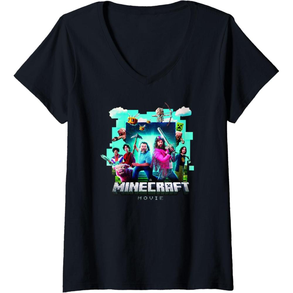 imageWomens A Minecraft Movie Adventure Gang Main Characters Group Shot VNeck TShirtBlack