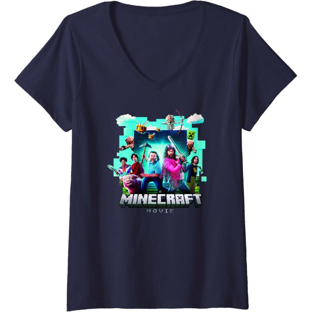 imageWomens A Minecraft Movie Adventure Gang Main Characters Group Shot VNeck TShirtNavy Blue