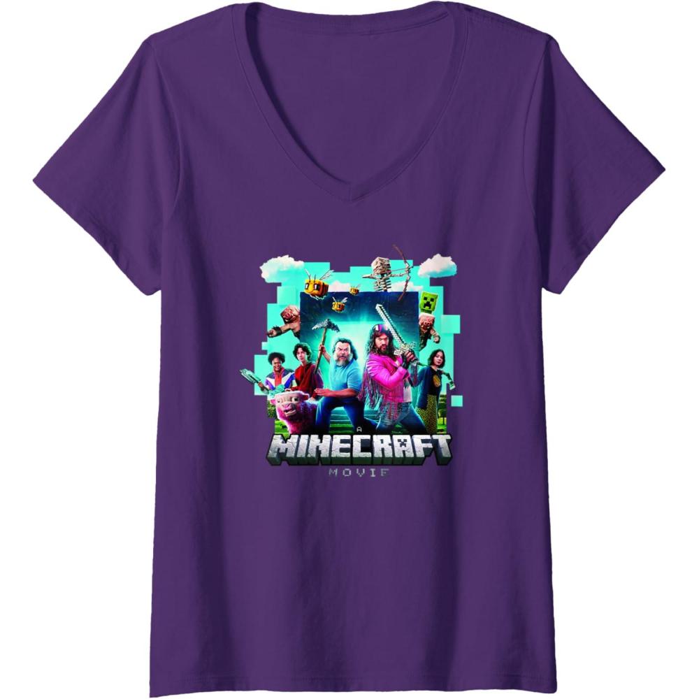 imageWomens A Minecraft Movie Adventure Gang Main Characters Group Shot VNeck TShirtPurple