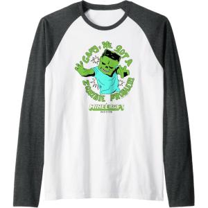 imageA Minecraft Movie Gang We Got A Zombie Problem Cartoon Style Raglan Baseball TeeDark Heather GreyWhite