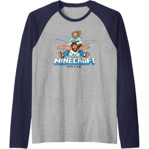 imageA Minecraft Movie Steve And Garret Flying Using Elytras Raglan Baseball TeeNavy BlueAthletic Heather