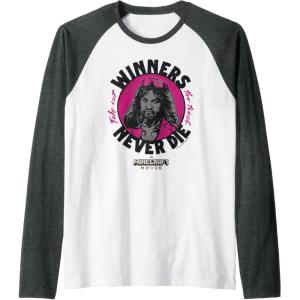 imageA Minecraft Movie Take Out The Trash  Winners Never Die Raglan Baseball TeeDark Heather GreyWhite