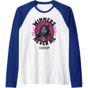 imageA Minecraft Movie Take Out The Trash  Winners Never Die Raglan Baseball TeeRoyal BlueWhite