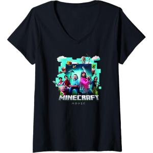 imageWomens A Minecraft Movie Adventure Gang Main Characters Group Shot VNeck TShirtBlack